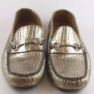 COLE HAAN Gold Crocodile Embossed Leather Loafer